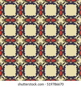 Seamless illustrated pattern made of abstract elements in beige, yellow, red and black