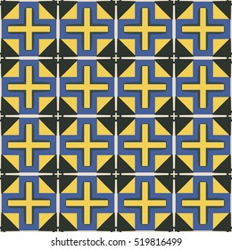 Seamless illustrated pattern made of abstract elements in black, beige, blue and yellow