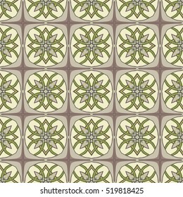 Seamless illustrated pattern made of abstract elements in beige, green and purple