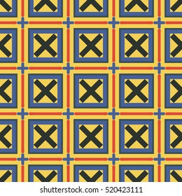 Seamless illustrated pattern made of abstract elements in black, red, blue and yellow