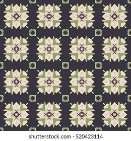 Seamless illustrated pattern made of abstract elements in beige, green and black
