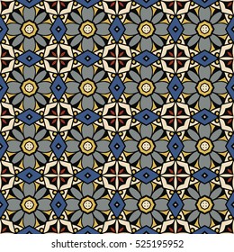 Seamless illustrated pattern made of abstract elements in beige, blue, red, yellow and black