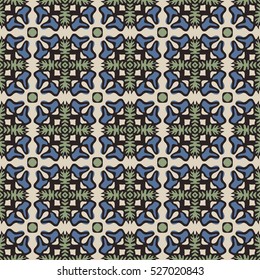 Seamless illustrated pattern made of abstract elements in beige, blue, green and black