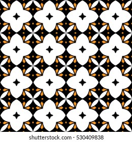 Seamless illustrated pattern made of abstract elements in orange, white and black