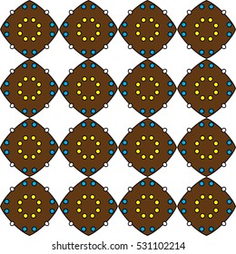 Seamless illustrated pattern made of abstract elements in yellow, white, brown,blue and black