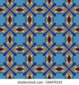 Seamless illustrated pattern made of abstract elements in blue, black, beige, red and yellow