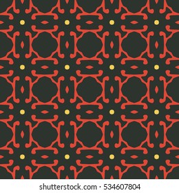 Seamless illustrated pattern made of abstract elements in black, red and yellow