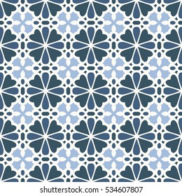 Seamless illustrated pattern made of abstract elements in white and blue