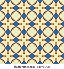 Seamless illustrated pattern made of abstract elements in black, blue,turquoise, orange and beige