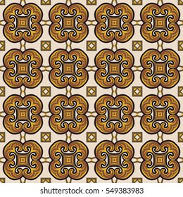 Seamless illustrated pattern made of abstract elements in beige, black, brown, yellow and red