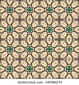 Seamless illustrated pattern made of abstract elements in green, black and beige