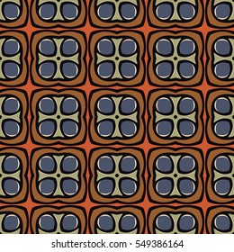 Seamless illustrated pattern made of abstract elements in beige, black, green,blue, brown and red