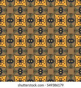 Seamless illustrated pattern made of abstract elements in brown, orange, green and black
