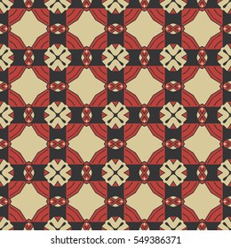 Seamless illustrated pattern made of abstract elements in beige, red and black