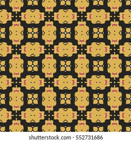 Seamless illustrated pattern made of abstract elements in beige, black, red and yellow