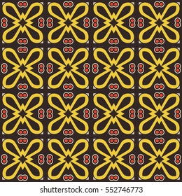 Seamless illustrated pattern made of abstract elements in beige, black, red and yellow