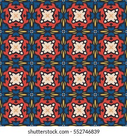 Seamless illustrated pattern made of abstract elements in yellow, blue, red, black and beige