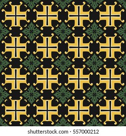 Seamless illustrated pattern made of abstract elements in beige, yellow, green and black