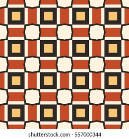 Seamless illustrated pattern made of abstract elements in beige,black, red and yellow