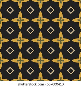 Seamless illustrated pattern made of abstract elements in beige, black, green and yellow
