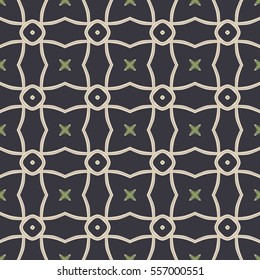 Seamless illustrated pattern made of abstract elements in beige, black, green and grey