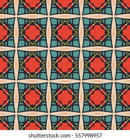 Seamless illustrated pattern made of abstract elements in beige, turquoise, red, green and black