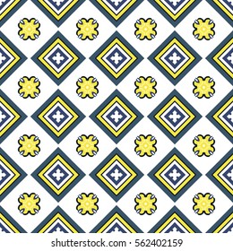 Seamless illustrated pattern made of abstract elements in white, blue, yellow and black