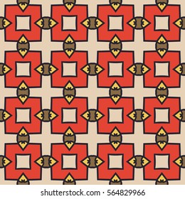 Seamless illustrated pattern made of abstract elements in beige, brown, yellow,red and black