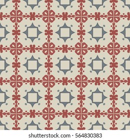 Seamless illustrated pattern made of abstract elements in beige, blue and red