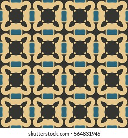 Seamless illustrated pattern made of abstract elements in beige, turquoise and black