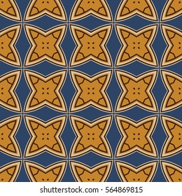 Seamless illustrated pattern made of abstract elements in beige, yellow, blue and black