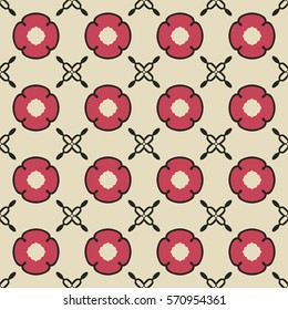 Seamless illustrated pattern made of abstract elements in beige, pink and black