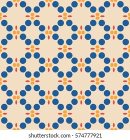 Seamless illustrated pattern made of abstract elements in beige, blue, yellow and red