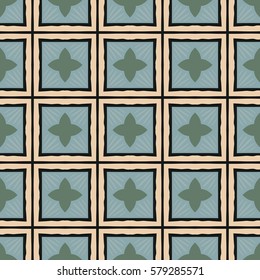 Seamless illustrated pattern made of abstract elements in beige, green, blue and black