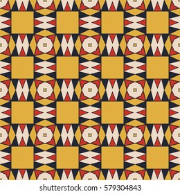 Seamless illustrated pattern made of abstract elements in beige, yellow, red and black