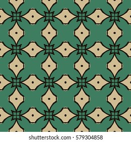 Seamless illustrated pattern made of abstract elements in beige, green, and black