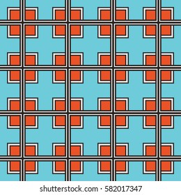 Seamless illustrated pattern made of abstract elements in turquoise, white, red and black