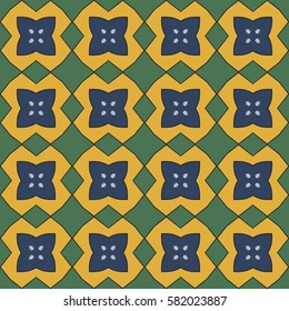 Seamless illustrated pattern made of abstract elements in blue, green, yellow and black