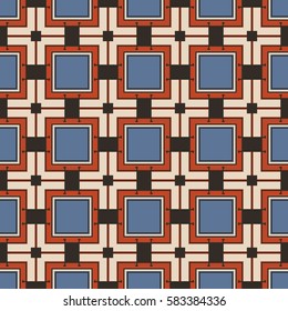 Seamless illustrated pattern made of abstract elements in beige, blue, red and black