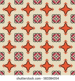 Seamless illustrated pattern made of abstract elements in beige, orange, pink and black