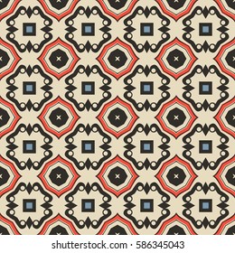 Seamless illustrated pattern made of abstract elements in beige, blue, red and black
