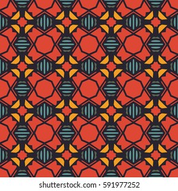 Seamless illustrated pattern made of abstract elements in turquoise, orange, red, green and black