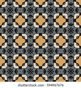 Seamless illustrated pattern made of abstract elements in beige, orange, grey and black
