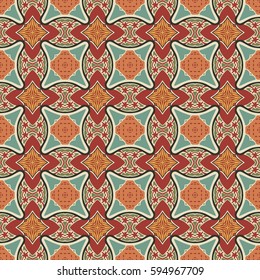 Seamless illustrated pattern made of abstract elements in beige, turquoise, yellow, red, green and black