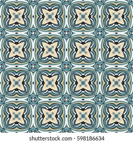 Seamless illustrated pattern made of abstract elements in beige, blue, yellow and black