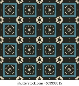 Seamless illustrated pattern made of abstract elements in beige,turquoise and black