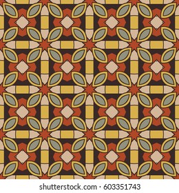 Seamless illustrated pattern made of abstract elements in beige, blue, yellow, red and black
