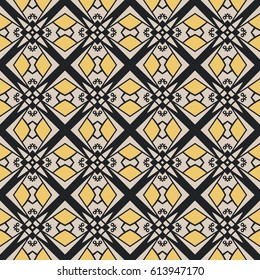 Seamless illustrated pattern made of abstract elements in beige, yellow and black