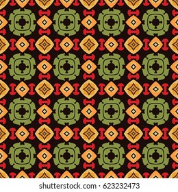 Seamless illustrated pattern made of abstract elements in beige, orange, yellow, red, green and black