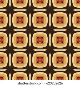 Seamless illustrated pattern made of abstract elements in beige, red, orange, grey, brown and black